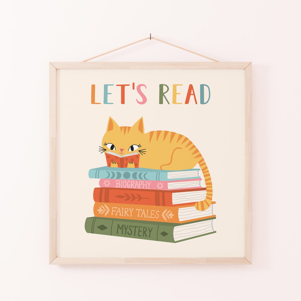 Lets Read Orange Cat on Book Stack Kids Reading Corner Print - Image 2
