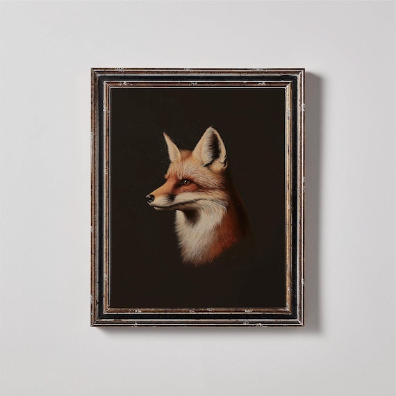 Fox Portrait On Dark Background Moody Vintage Wildlife Oil Painting Poster