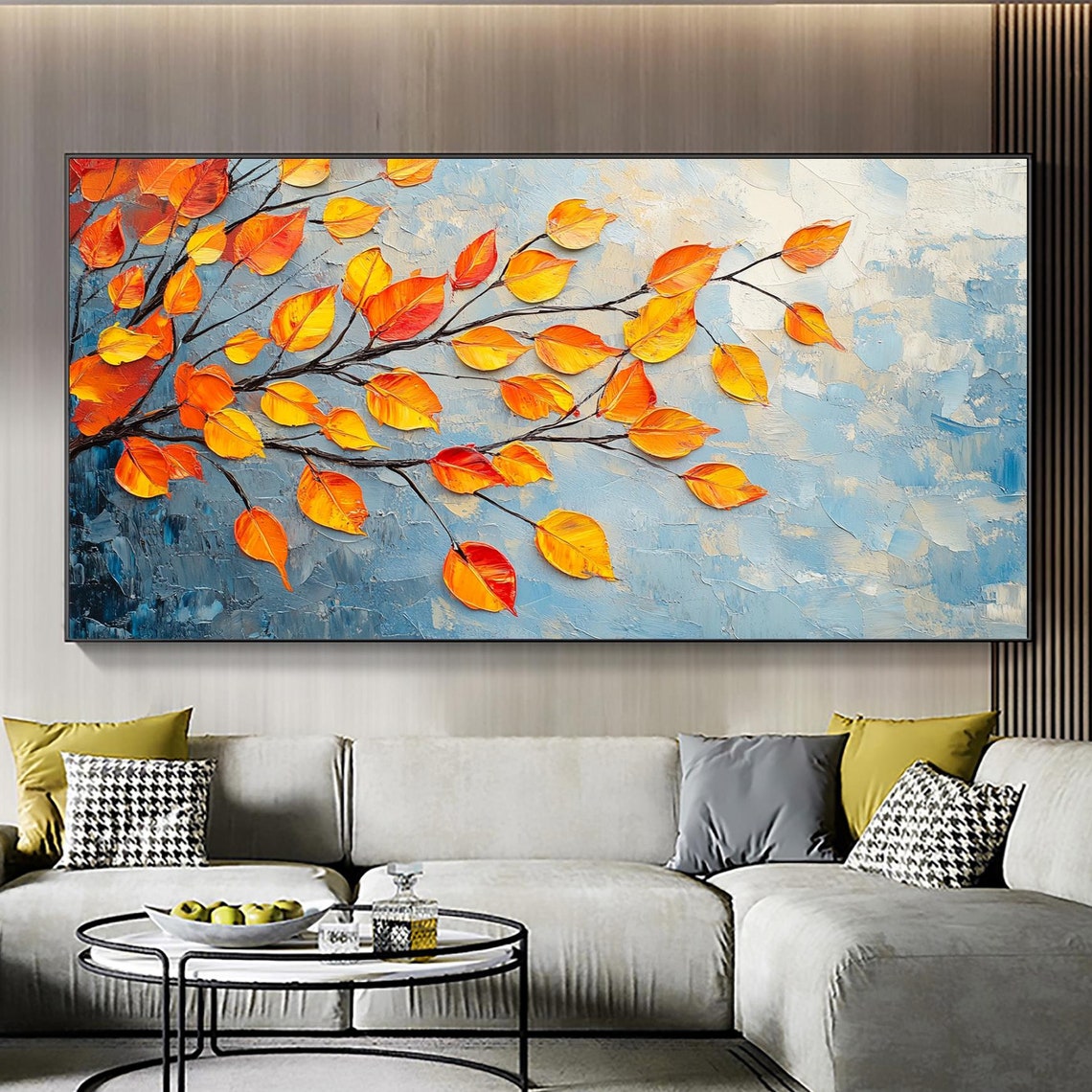 Autumn Orange Leaves on Dark Branch Against Blue Textured Wall Art