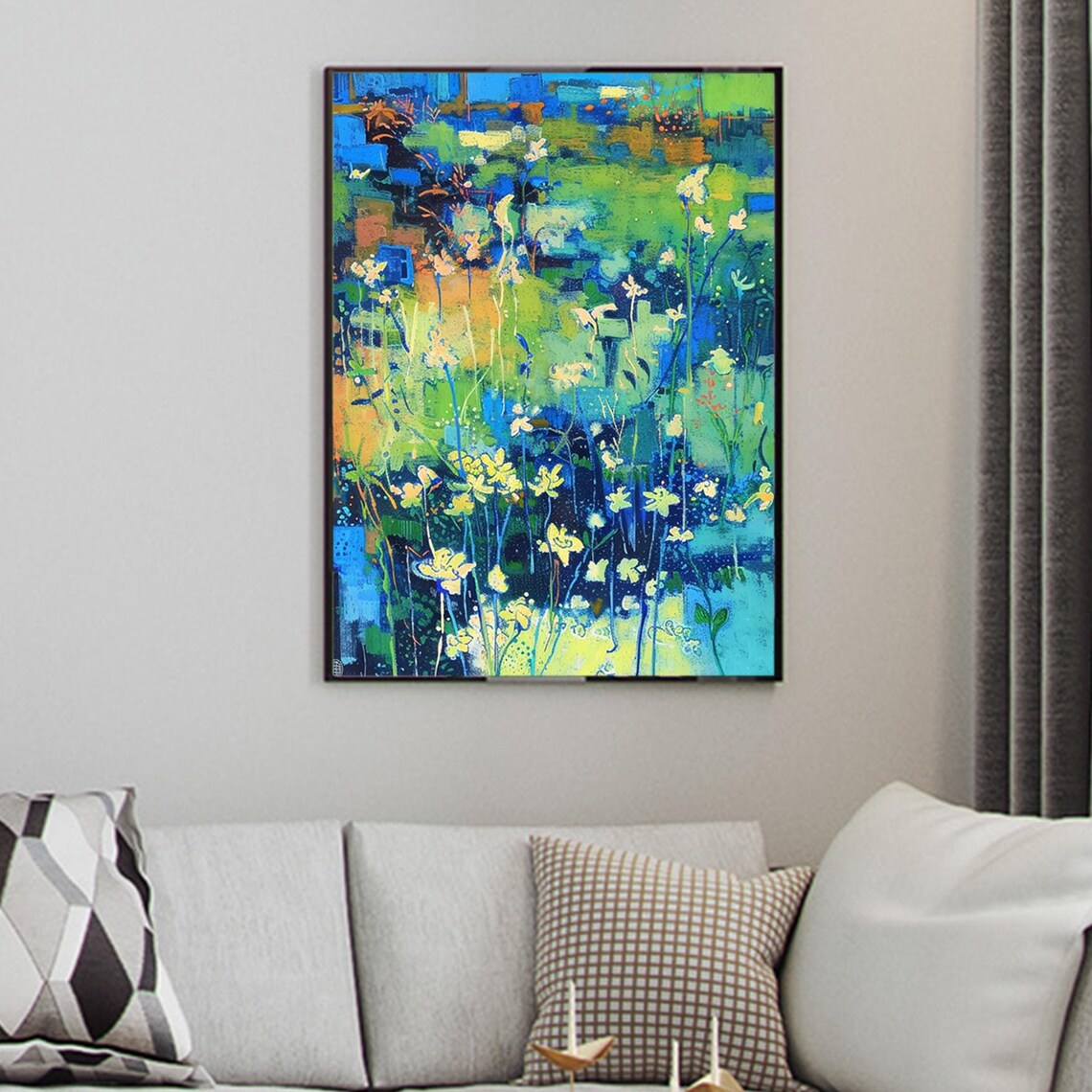 Abstract Vertical Garden With Yellow Wildflowers On Blue Green Poster - Image 5