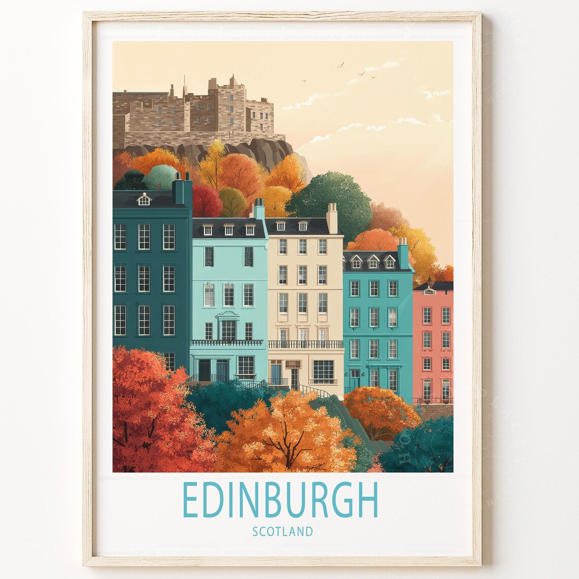 Edinburgh Scotland Autumn Castle Old Town Retro Travel Poster