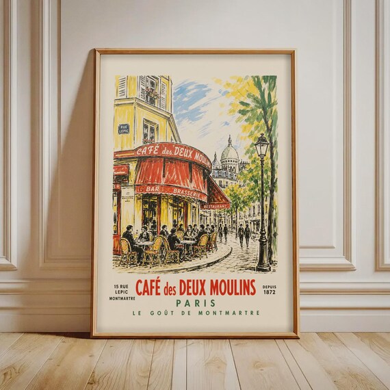 Paris Cafe Print Vintage French Travel Poster Montmartre Wall Art Parisian Street Scene Home Decor Retro European City