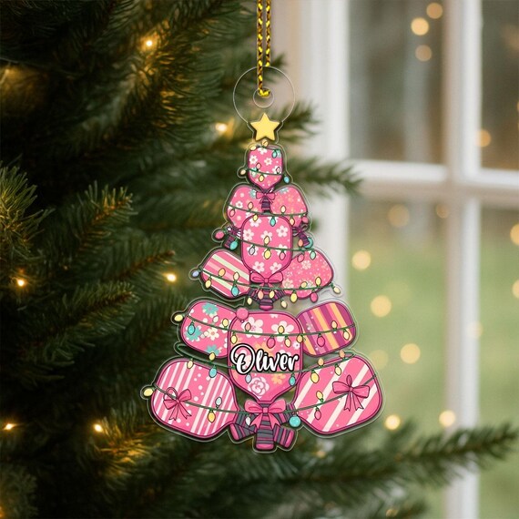 Pink Personalized Pickleball Paddle Christmas Tree Name Print