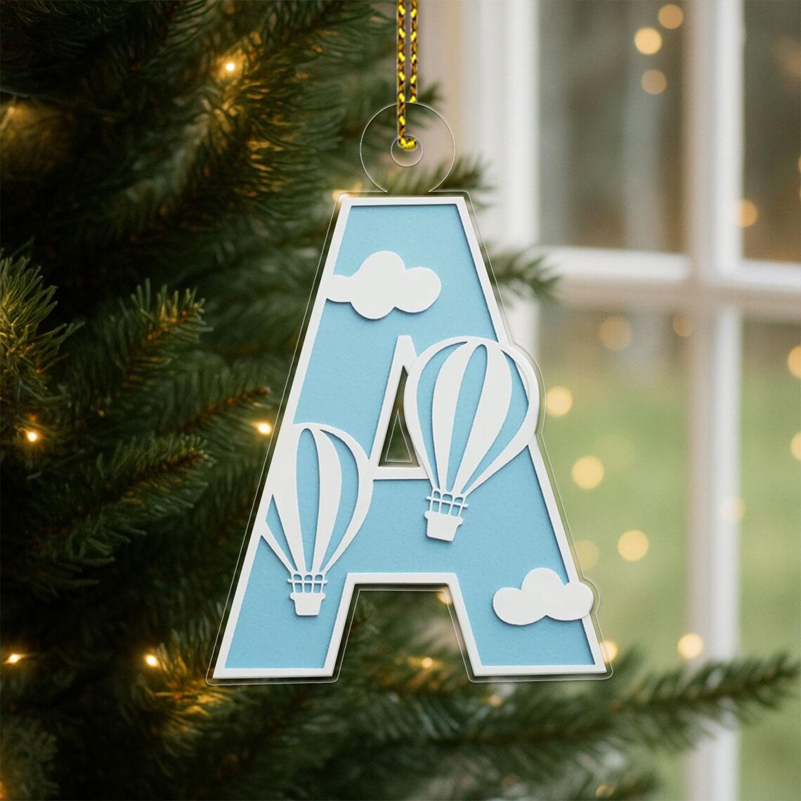 Letter A Christmas Ornament Print Blue Hot Air Balloon Clouds Monogram Gift