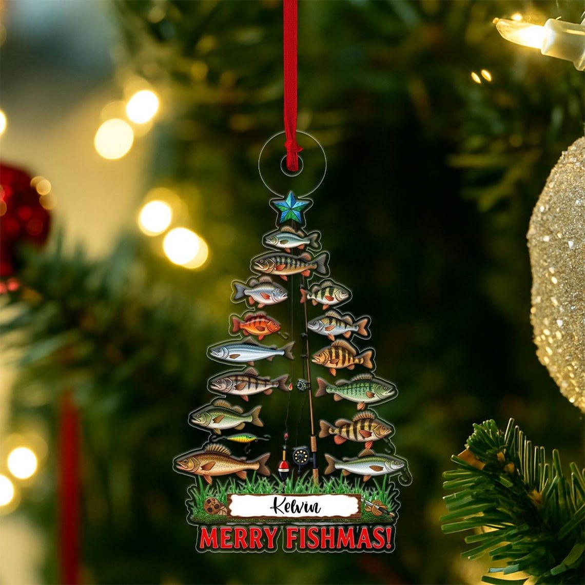 Custom Name Merry Fishmas Fishing Tree Ornament Holiday Wall Art