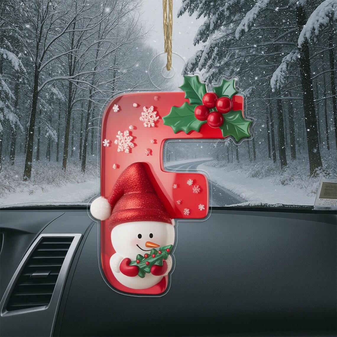 Red Letter F Smiling Snowman Santa Hat Christmas Ornament Holiday Poster
