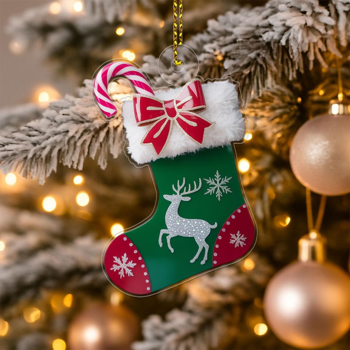 Christmas Stocking Ornament Print Pink Candy Cane Glitter Reindeer Design