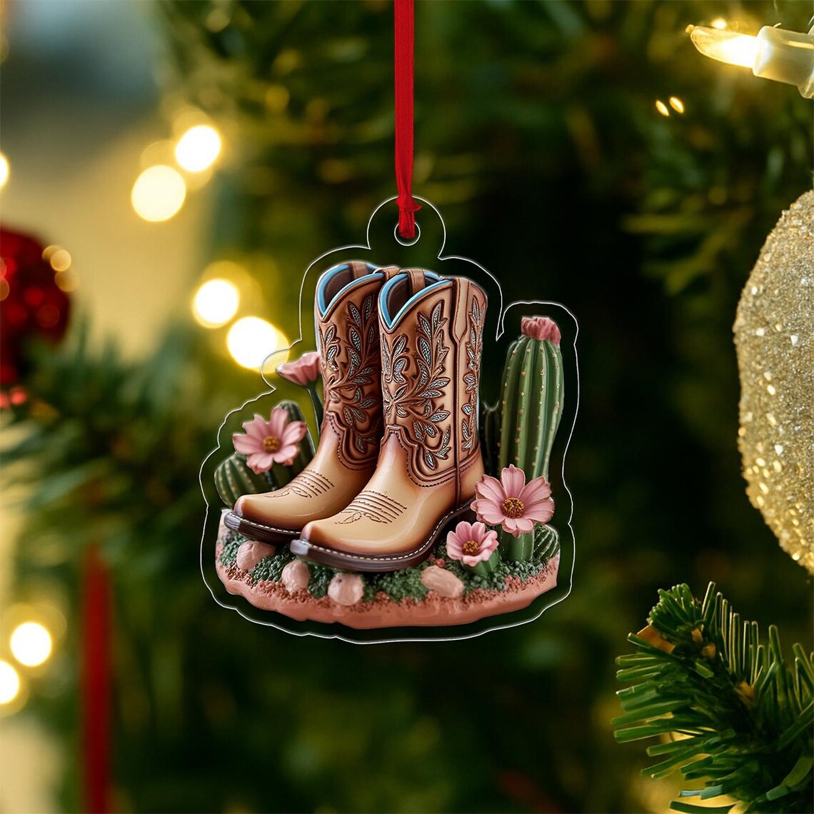 Western Cowboy Boots Cactus Flowers Acrylic Christmas Ornament Print