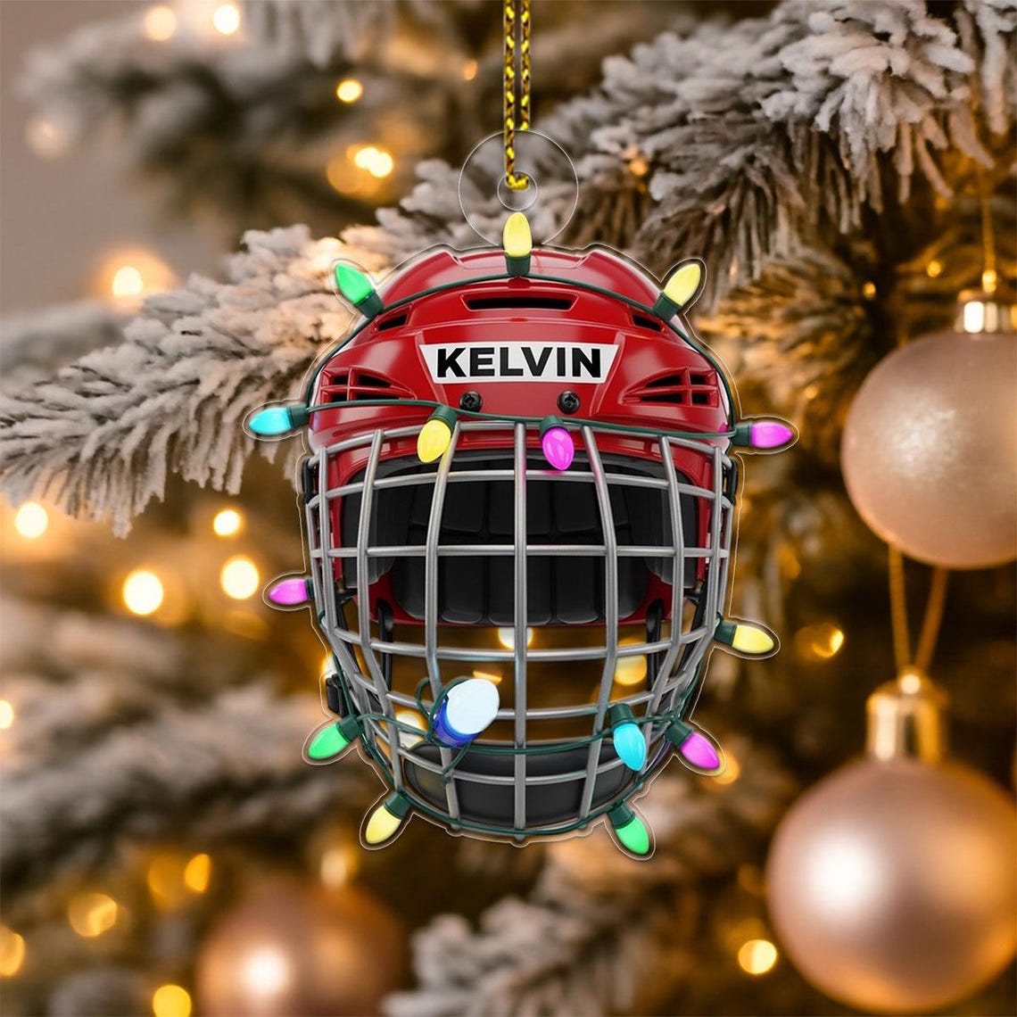 Personalized Hockey Helmet Christmas Lights Name Ornament Print