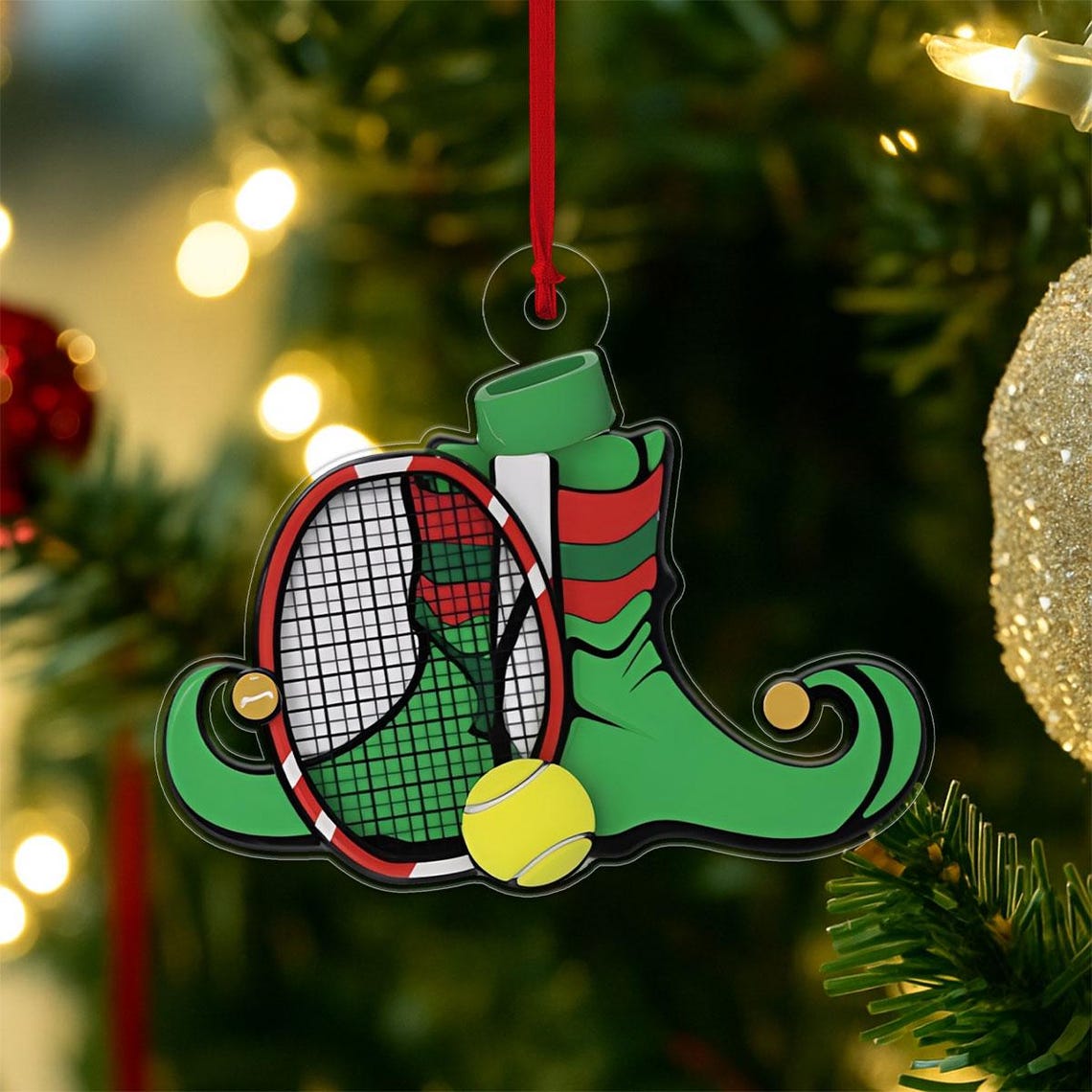 Tennis Racket Elf Boot Christmas Acrylic Sports Ornament Poster