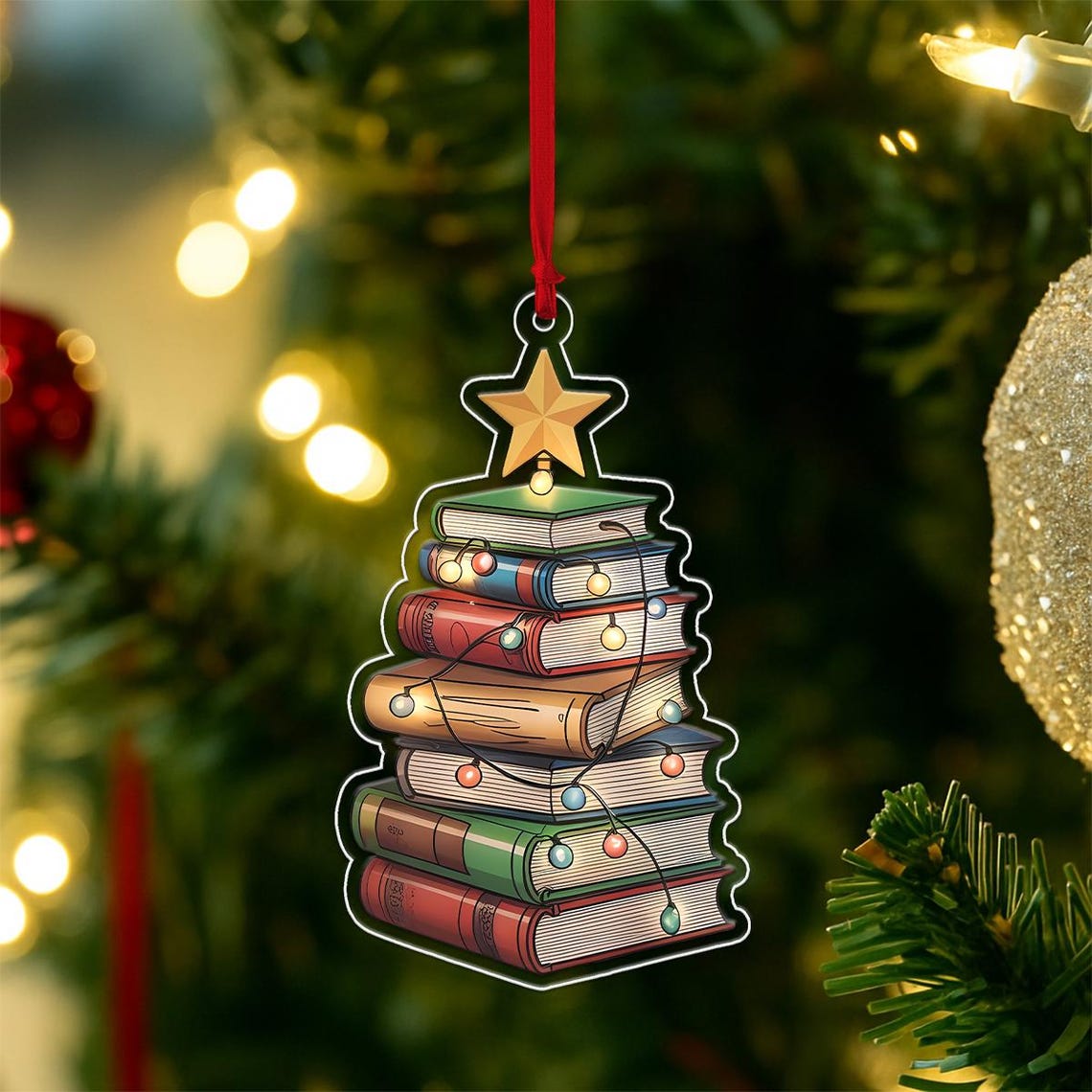 Book Stack Christmas Tree Ornament With Star Lights Gift Print