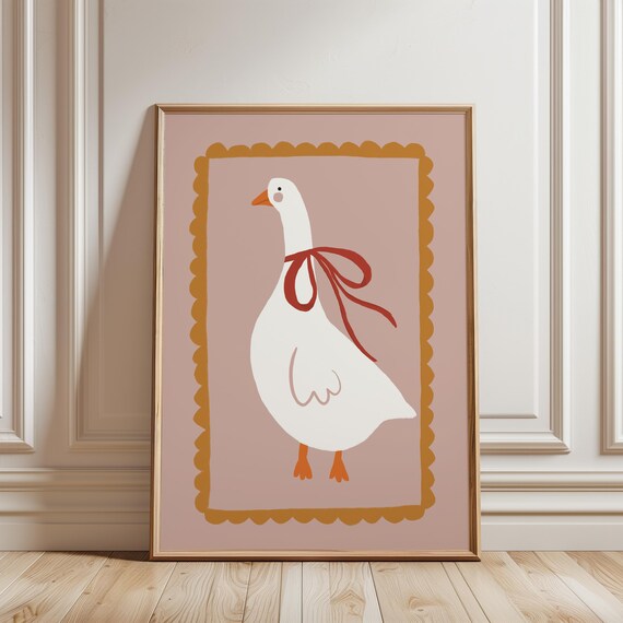 Cute White Goose Red Bow Dusty Pink Scalloped Nursery Poster