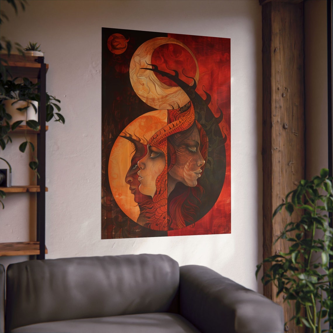 Three Intertwined Minds Surreal Faces Dark Abstract Art Poster - Image 2