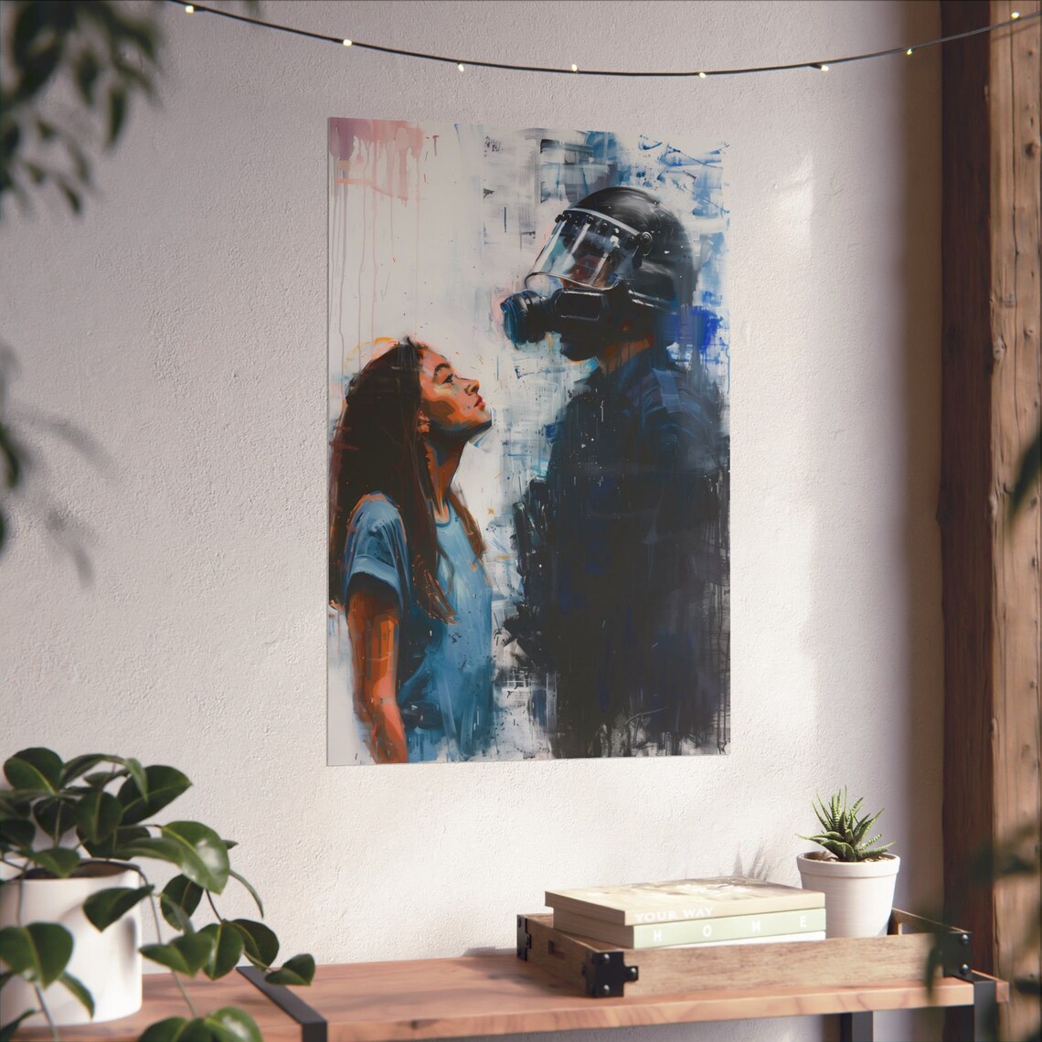 Woman Facing Riot Officer Gas Mask Expressive Painted Art Poster - Image 4