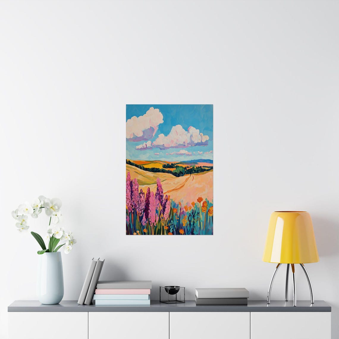 Golden Prairie Wildflowers Impressionist Meadow Cloudscape Wall Art - Image 2