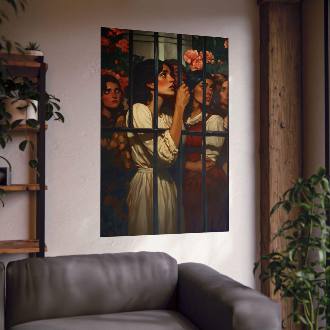 Women Behind Iron Gate Roses Vintage Classical Painting Poster - Image 3