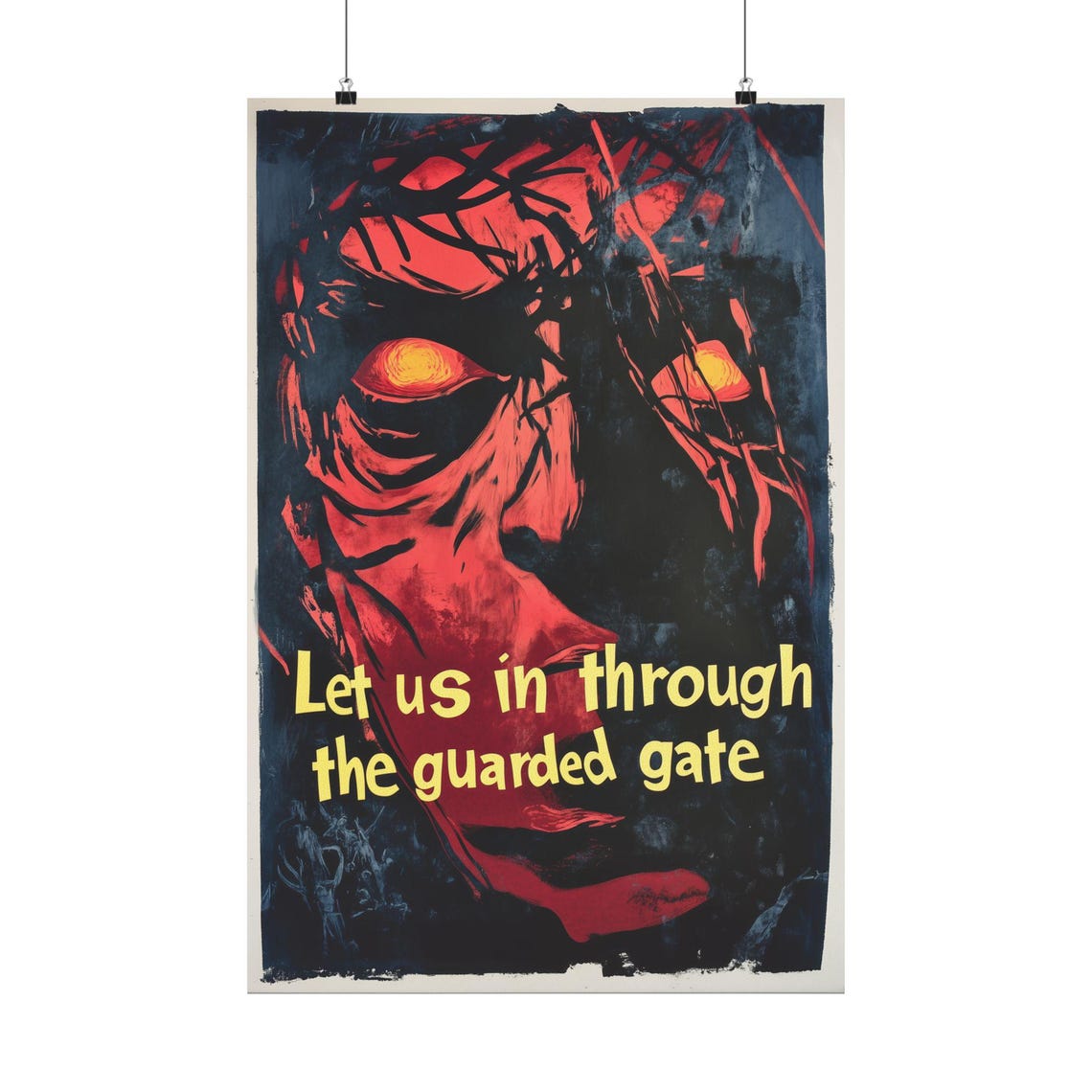 Let Us In Through the Guarded Gate Red Demon Face Protest Art Poster