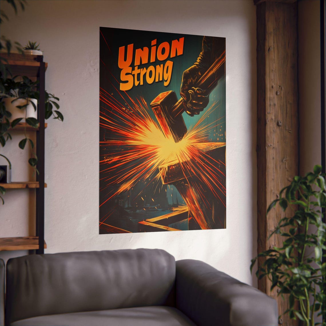 Union Strong Retro Blacksmith Hammer Sparks Labor Art Poster - Image 2