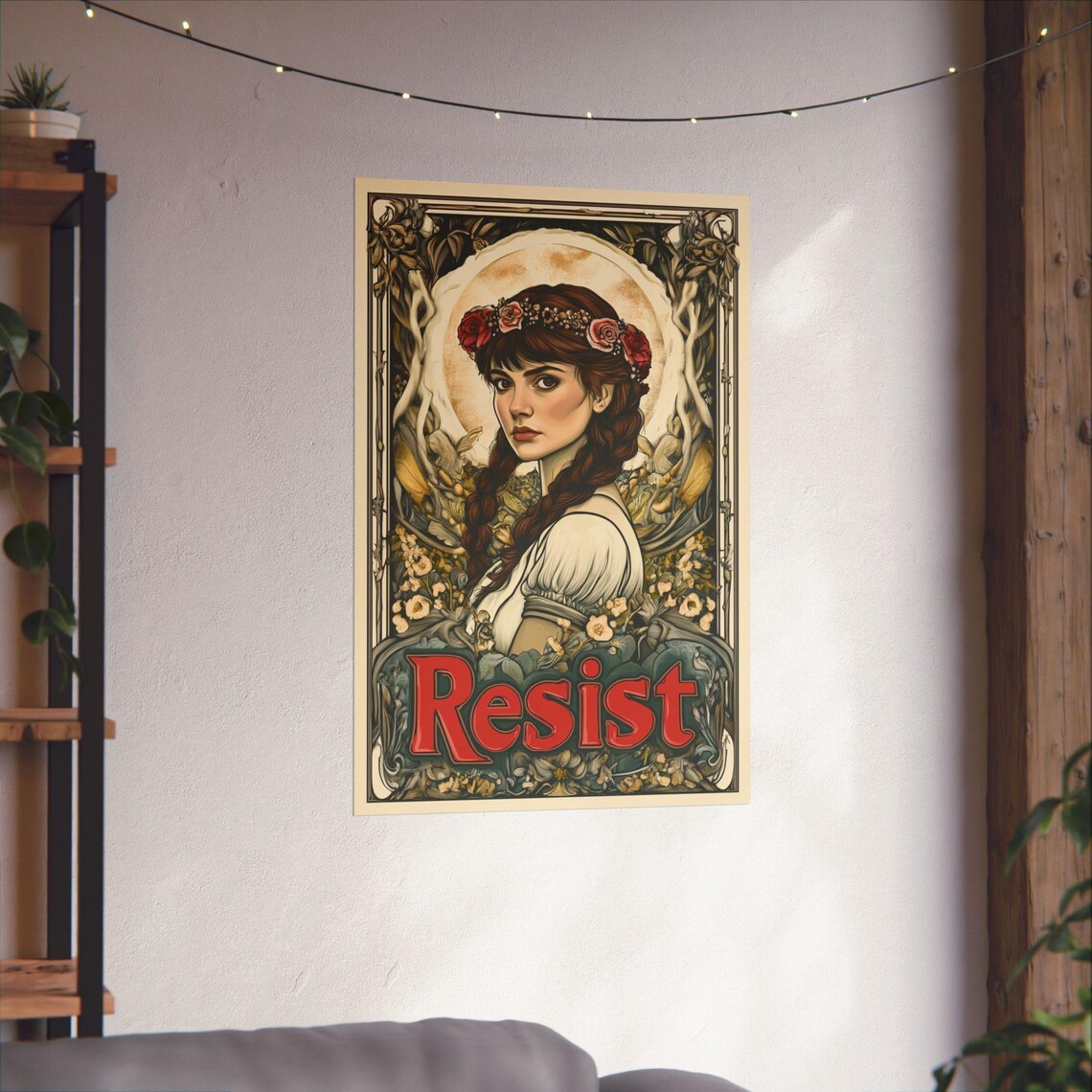 Resist Art Nouveau Rose Crown Woman Vintage Floral Boho Art Poster - Image 3