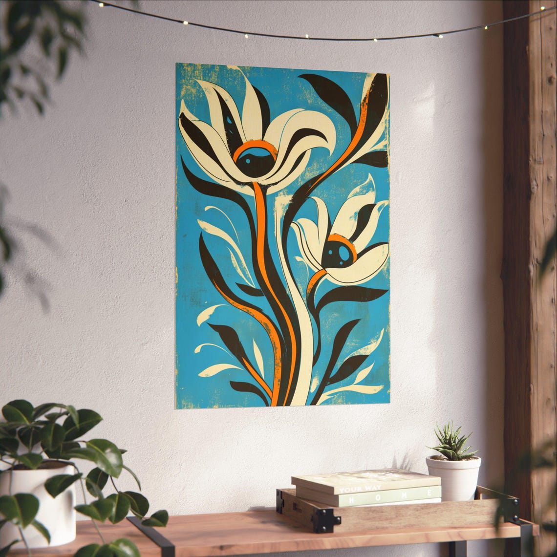 Blue Floral Stylized White Flowers Botanical Wall Decor Print Art - Image 4