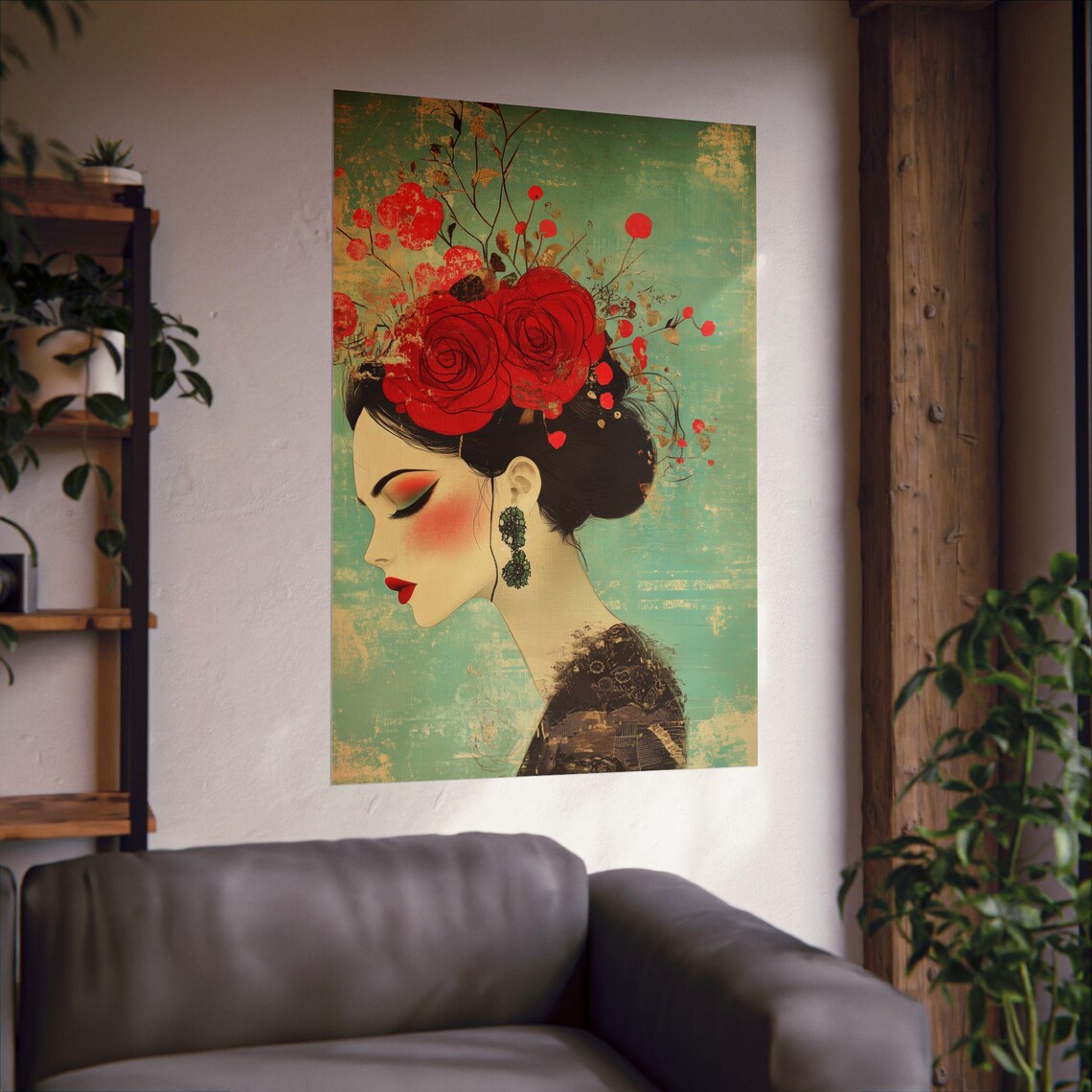 Woman Red Roses Hair Teal Vintage Floral Portrait Art Poster - Image 2
