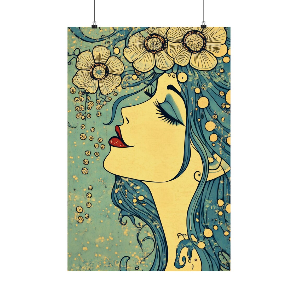 Art Nouveau Woman Profile Flower Crown Dreamy Floral Beauty Art Poster