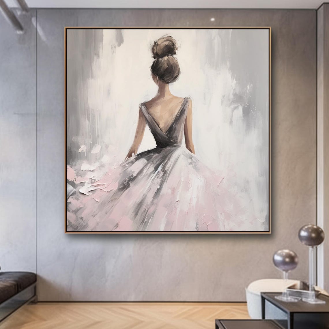 Original Pink Ballerina Painting Beautiful Girl Wall Art Pink White Acrylic Oil Painting Modern Woman Wall Painting Housewarming Gift - Image 3