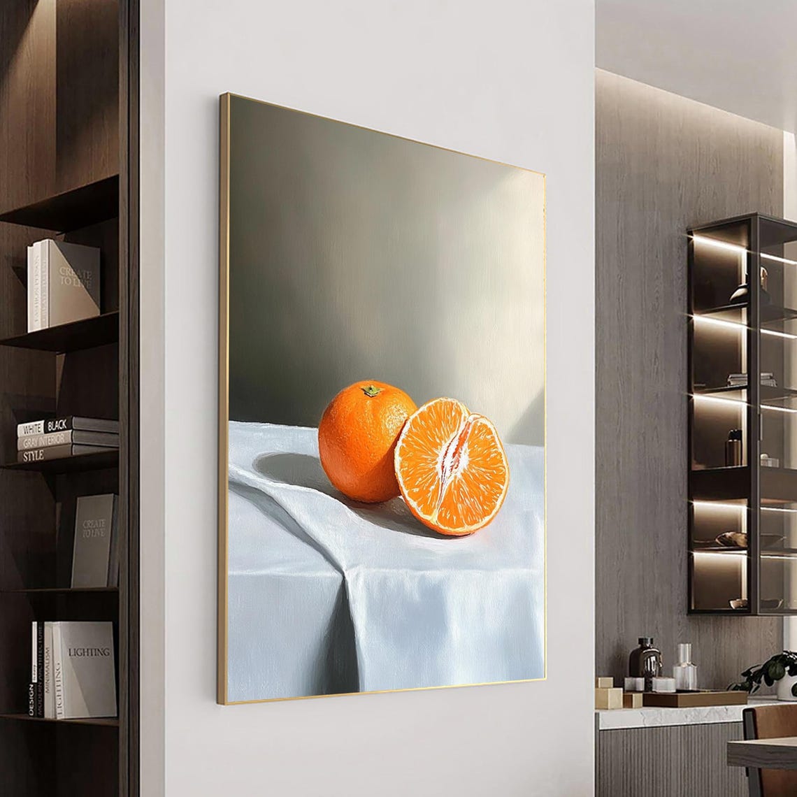 Whole And Halved Orange On White Linen Still Life Painting Poster - Image 3