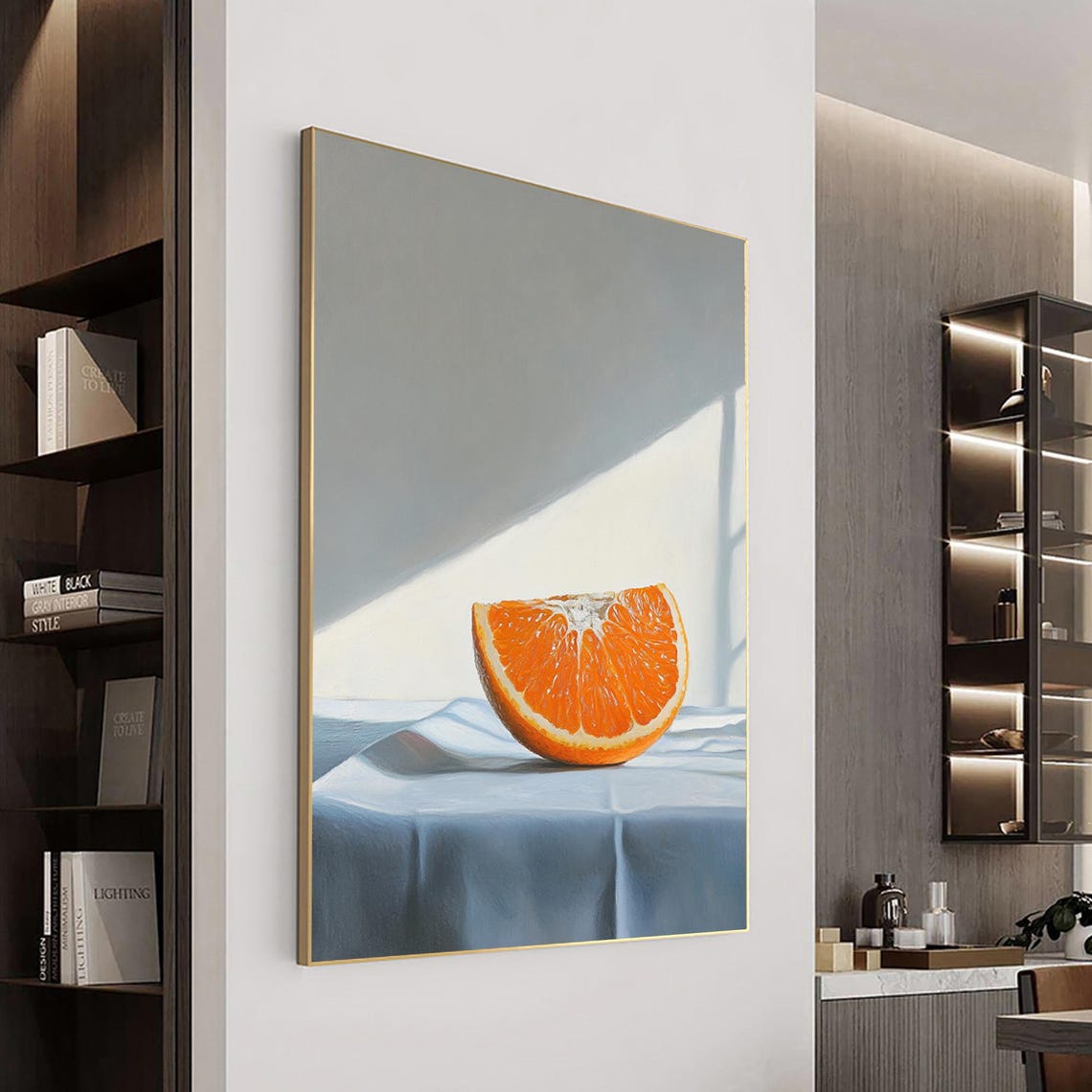 Sunlit Orange Slice On White Cloth Minimal Fruit Painting Poster - Image 3