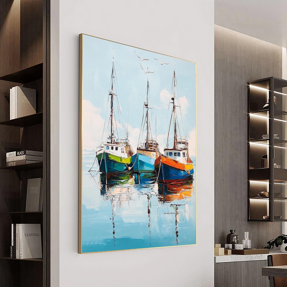 Colorful Fishing Boats Harbor Reflections Blue Water Nautical Poster - Image 3