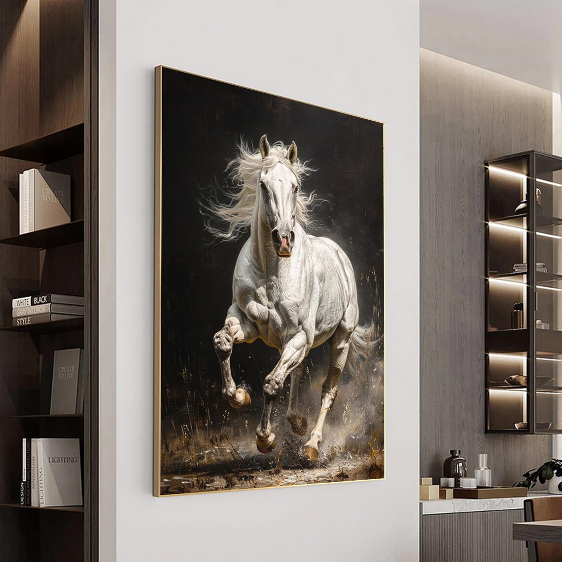 White Horse Running Black Background Dramatic Equine Power Poster - Image 3