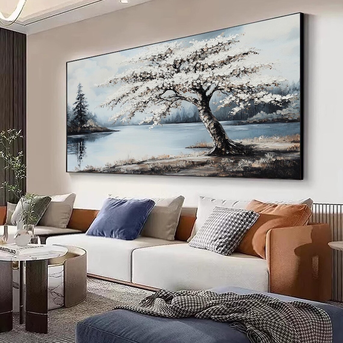 Snow Covered Tree Beside Calm Lake Winter Landscape Painting Poster - Image 3