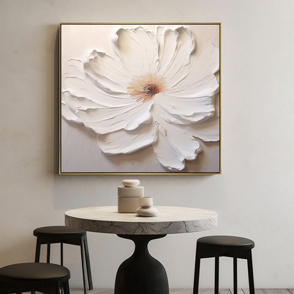 Sculptural Large White 3D Impasto Flower Textured Floral Art Poster - Image 2