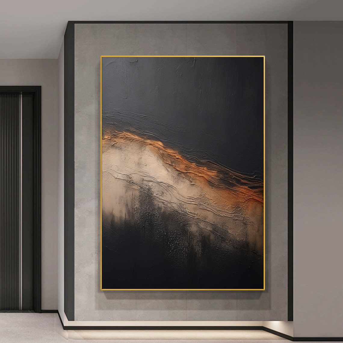 Modern Dark Copper Ridge Textured Black Abstract Painting Poster - Image 3