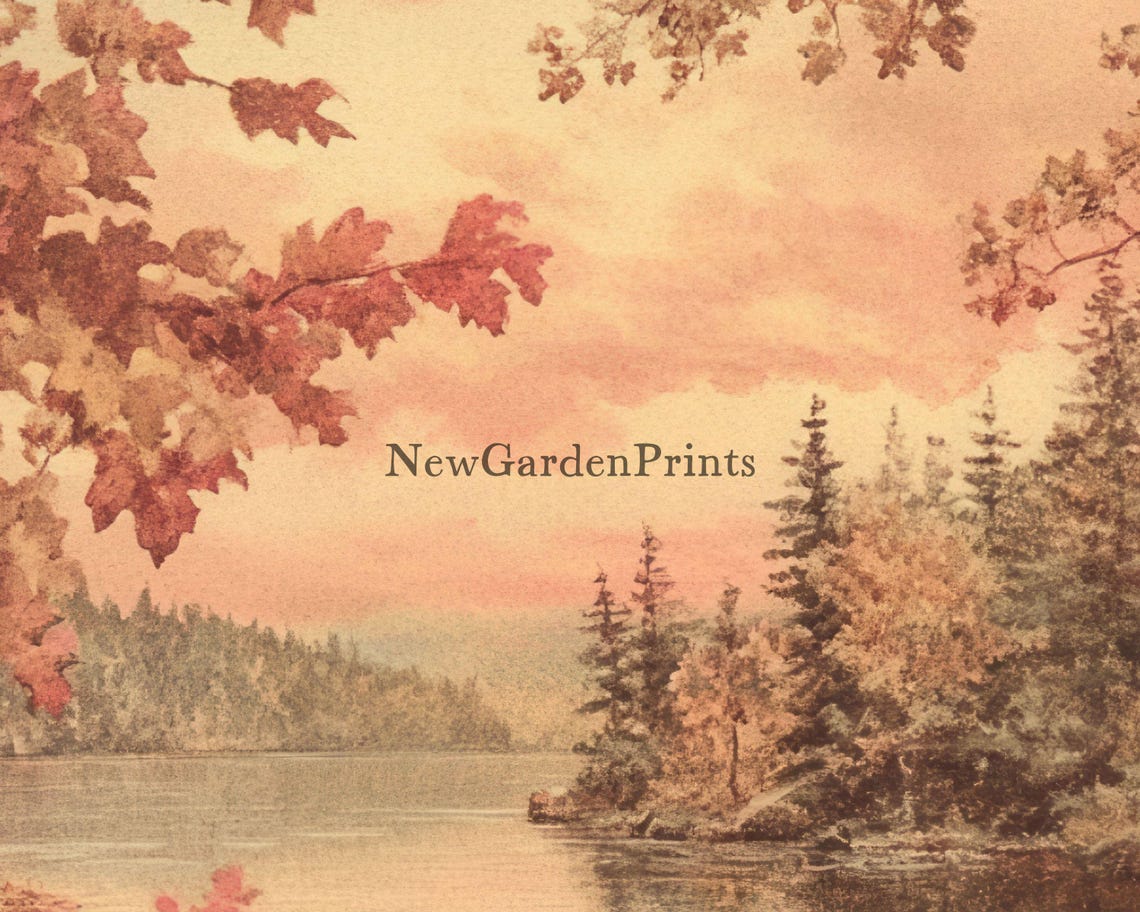 Vintage Autumn Lake Red Maple Sunset Reflection Painting Poster - Image 3