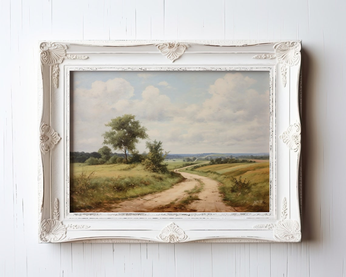 Vintage Country Dirt Road Rolling Field Countryside Painting Poster