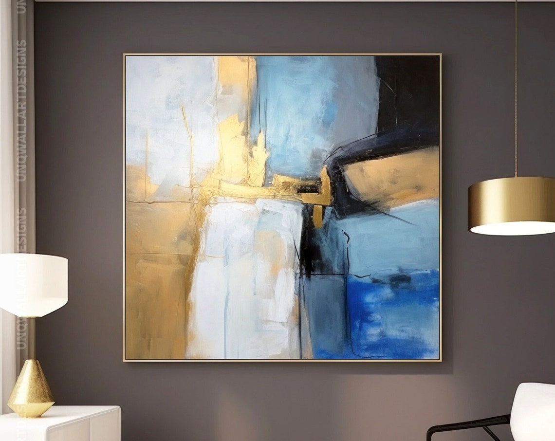 Gold And Blue Geometric Abstract Painting Modern Square Decor Poster