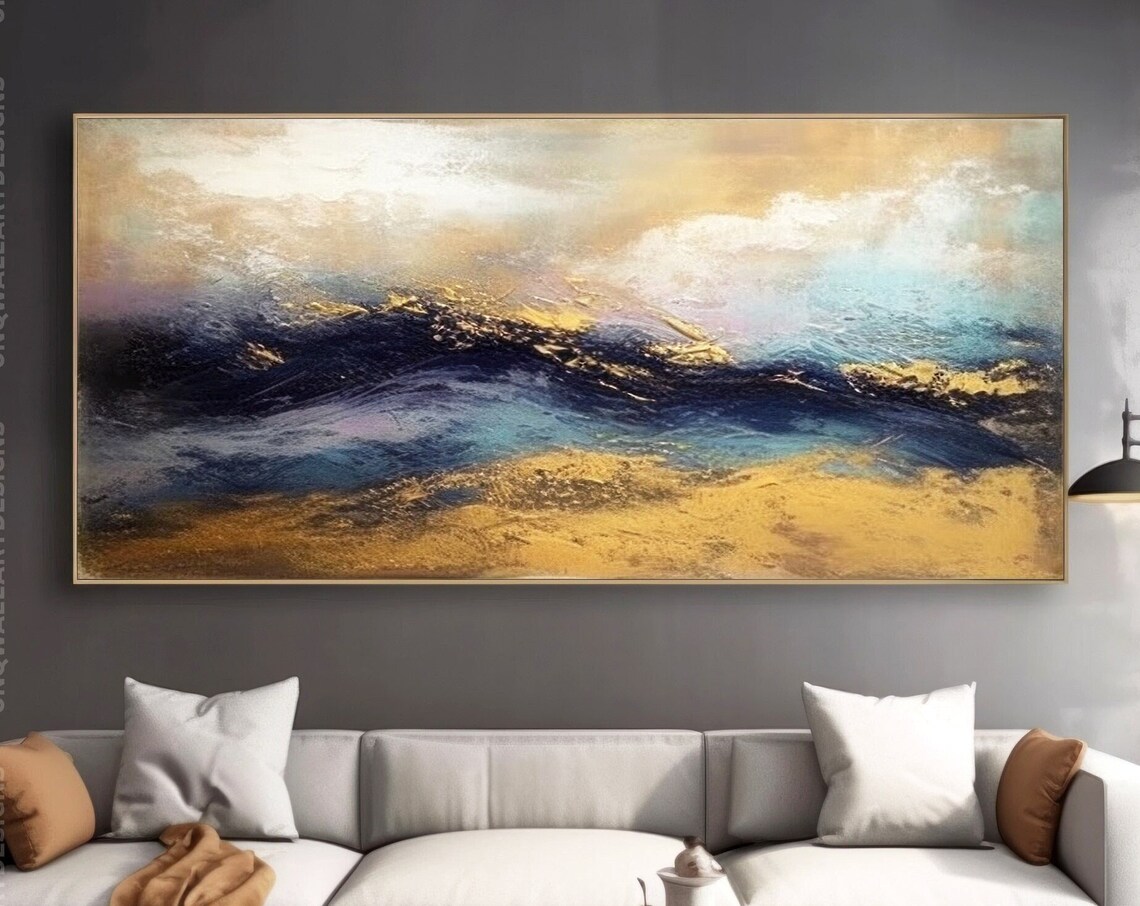 Gold Blue Wave Art Print, Modern Coastal Decor