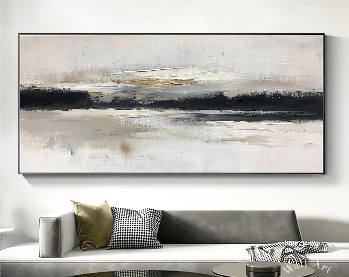 Beige Horizon And Black Band Minimalist Wide Modern Abstract Poster