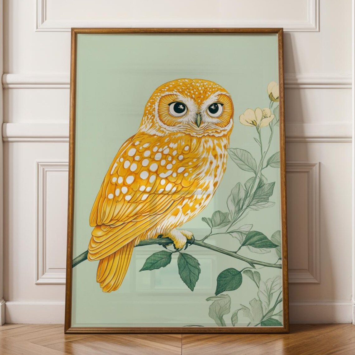 Golden Owl Botanical Art Print, Vintage Boho Decor