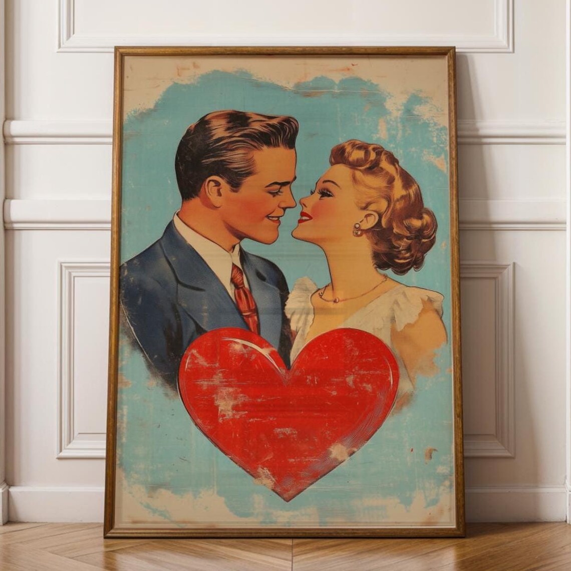 Vintage 1950s Couple Nose to Nose with Red Heart Retro Love Poster