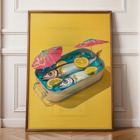 Quirky Fish Wall Decor Tinned Funny Sardines Painting Sunbath Print Poster