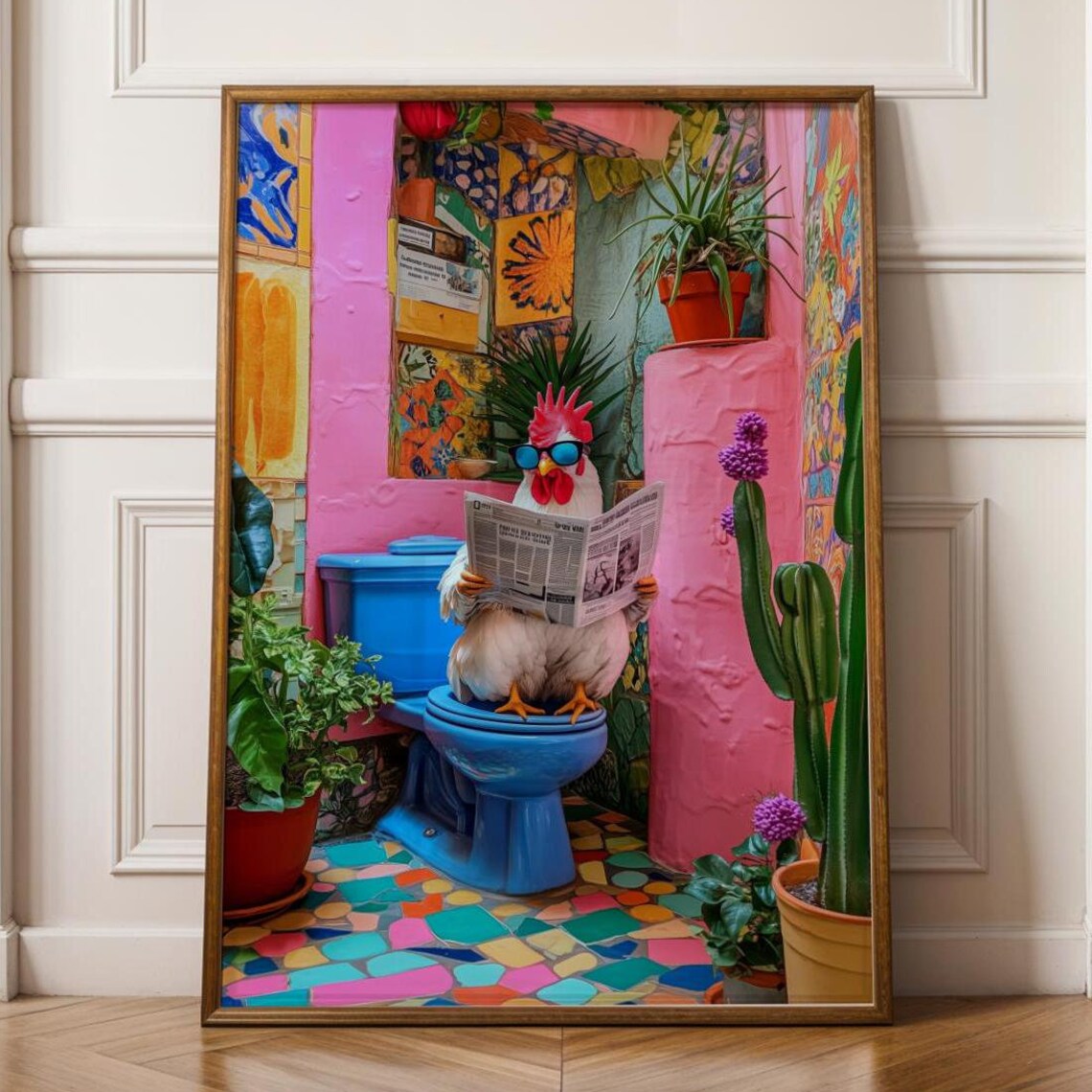 Funny Rooster Reading Newspaper on Toilet Bathroom Humor Poster