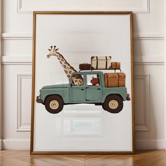 Safari Giraffe Vintage Car Road Trip Whimsical Nursery Animal Poster