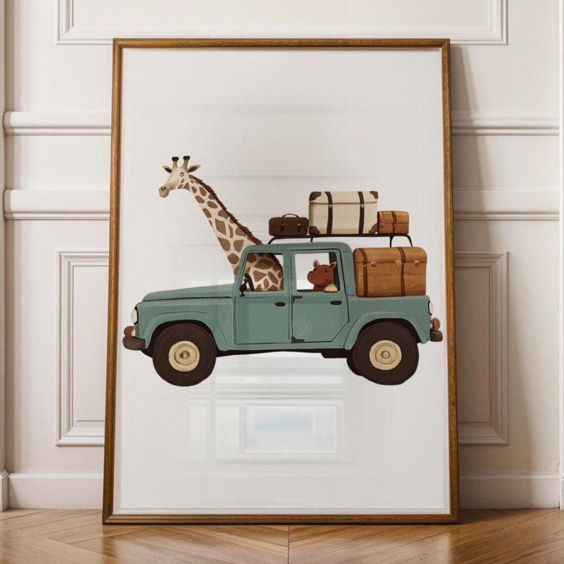 Safari Giraffe Vintage Car Road Trip Whimsical Nursery Animal Poster