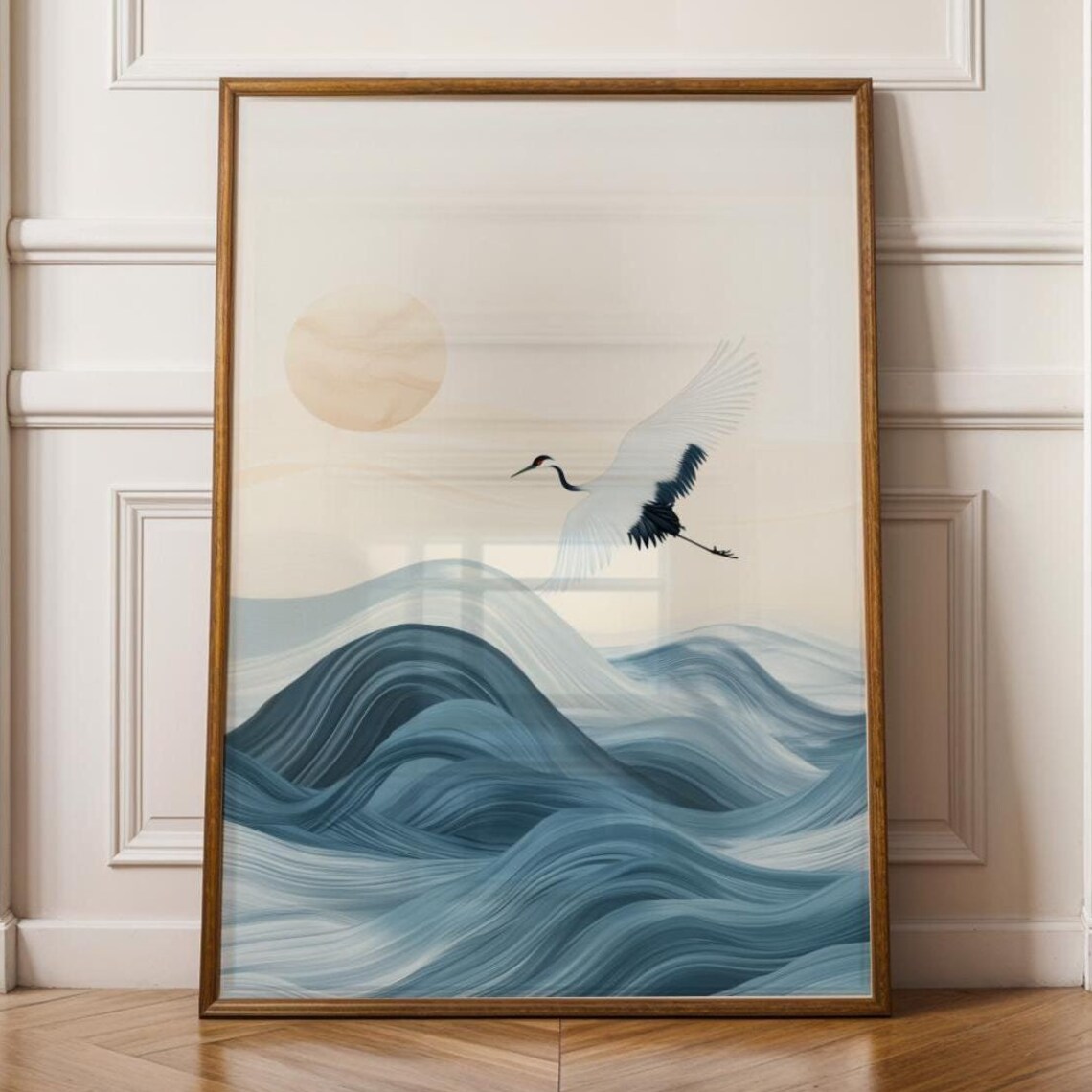 Japanese Crane Wall Art, Wabi Sabi Blue Waves