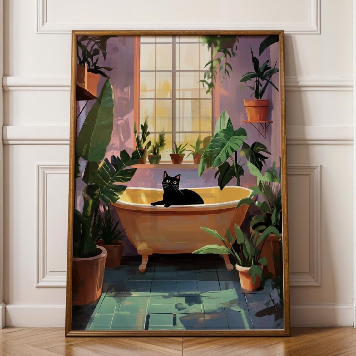 Bath Cat Print, Funny Purple Painting Poster