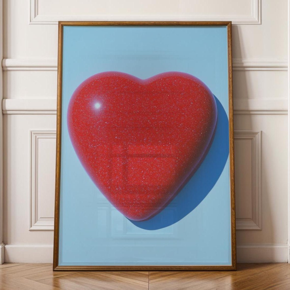 Glossy Red 3D Heart on Blue Pop Art Minimal Love Decor Poster