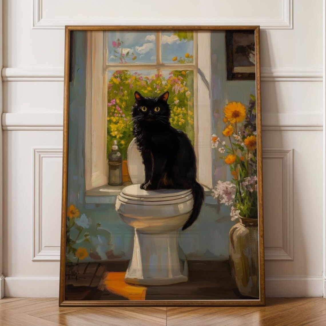 Black Cat on Toilet Bright Bathroom Funny Cat Painting Wall Art