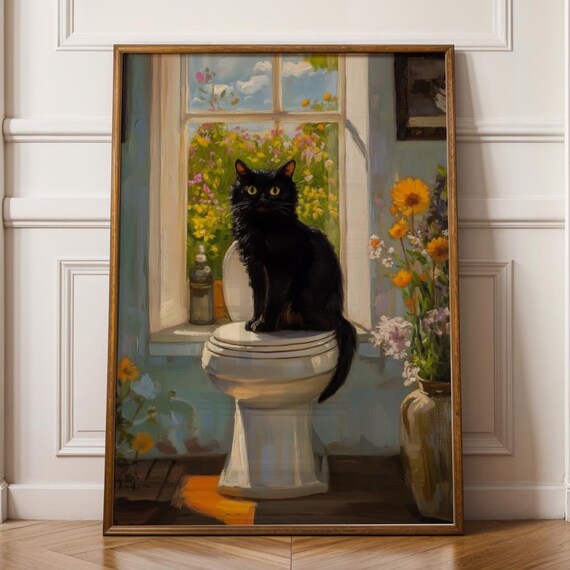 Vintage Black Cat On Toilet Oil Painting Bathroom Print Funny Posters Wall Decor Quirky Poster